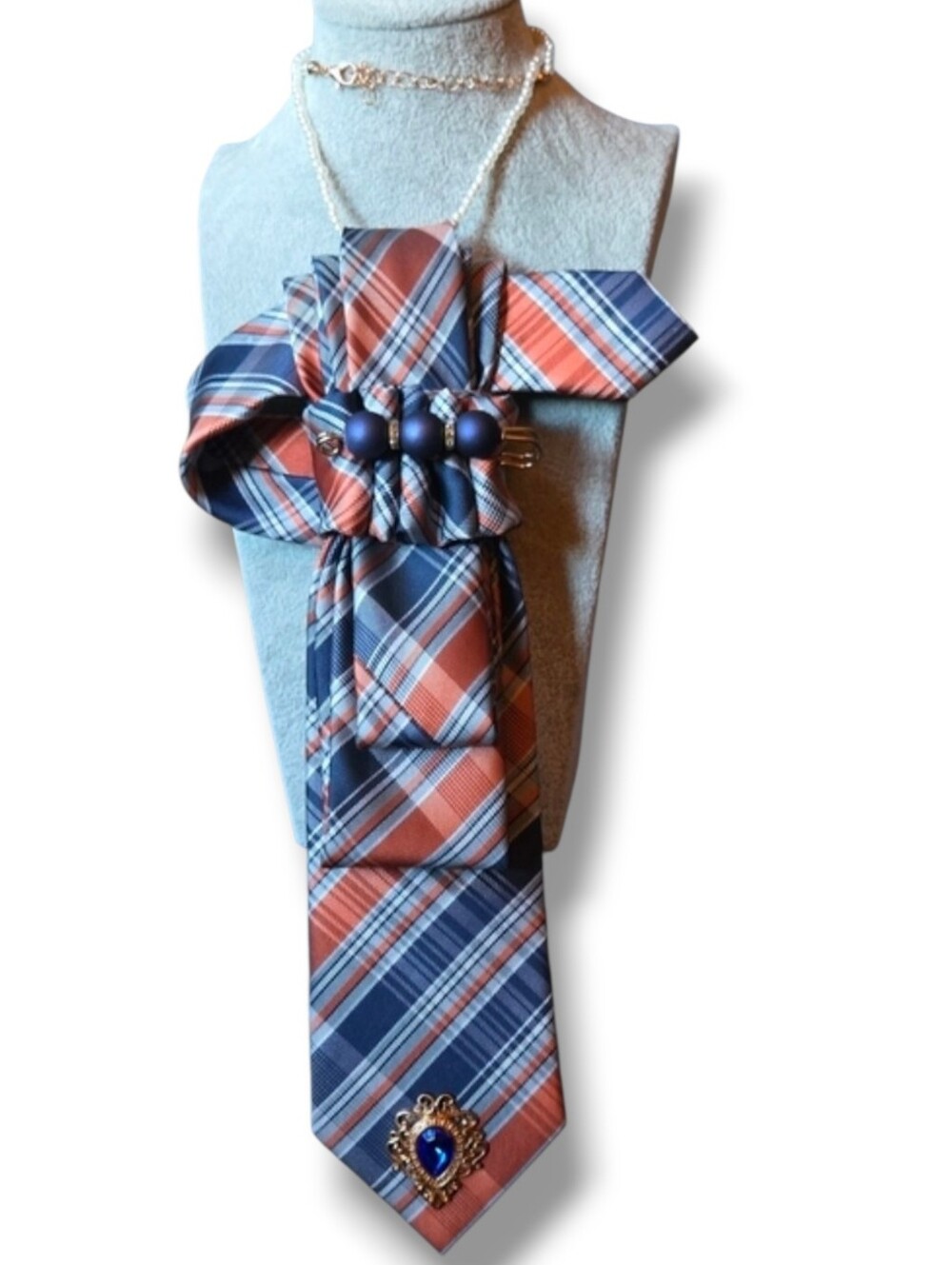 3/$60 Orange Navy Plaid Necktie Statement Cravat with Blue Accent Pin
